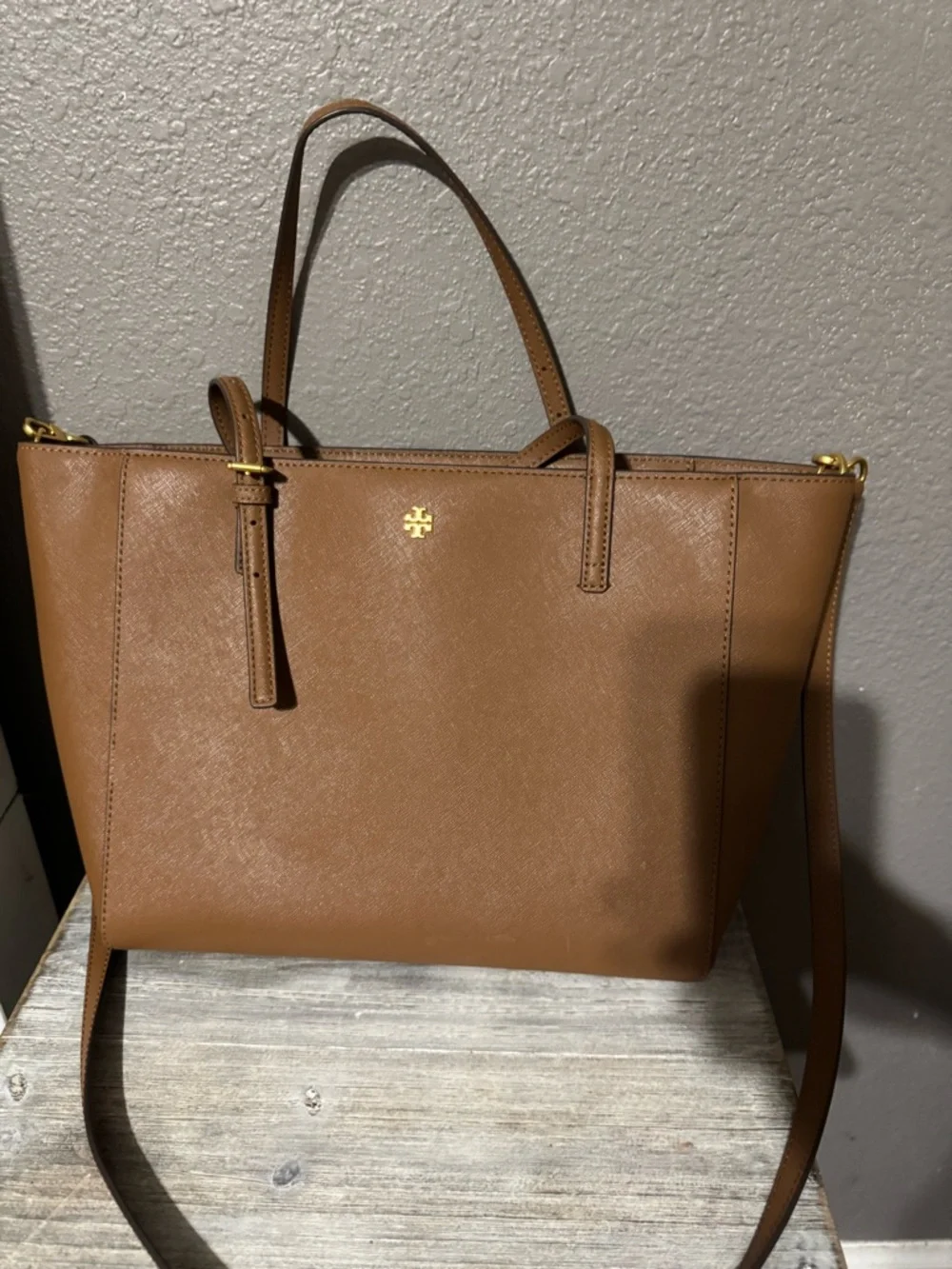 Tory Burch Cognac Leather Tote with Gold Logo